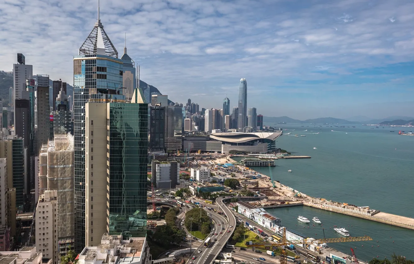 Photo wallpaper sea, the city, Hong Kong, day, China
