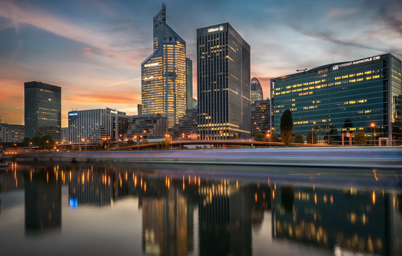 Photo wallpaper the sky, water, clouds, trees, sunset, the city, lights, reflection