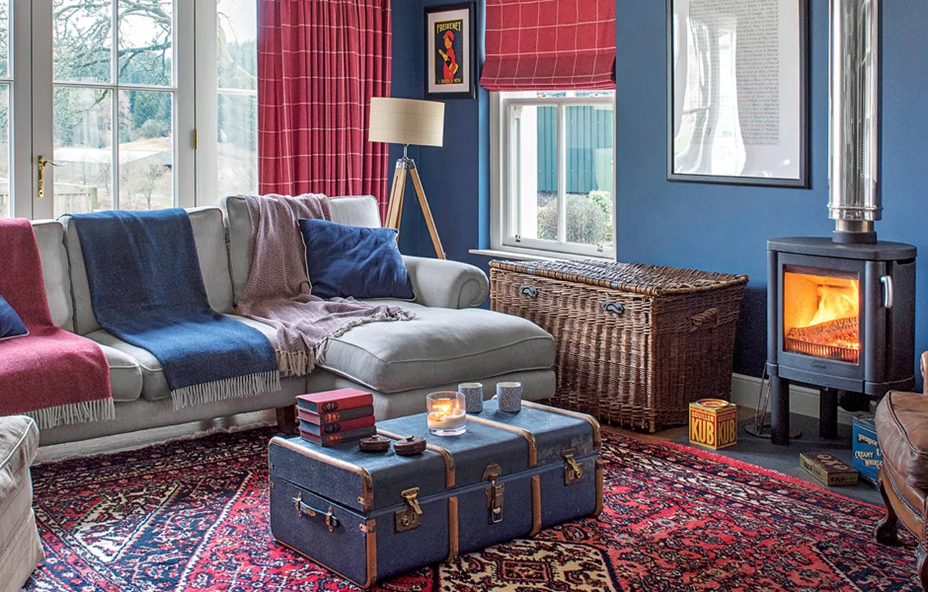 Photo wallpaper design, interior, fireplace, retro style, living room, vintage style, Scottish farmhouse lead, Scottish Farmhouse