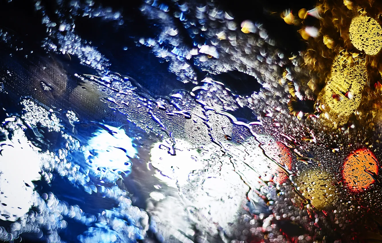 Photo wallpaper glass, water, macro, light, night, lights, glare, Drops