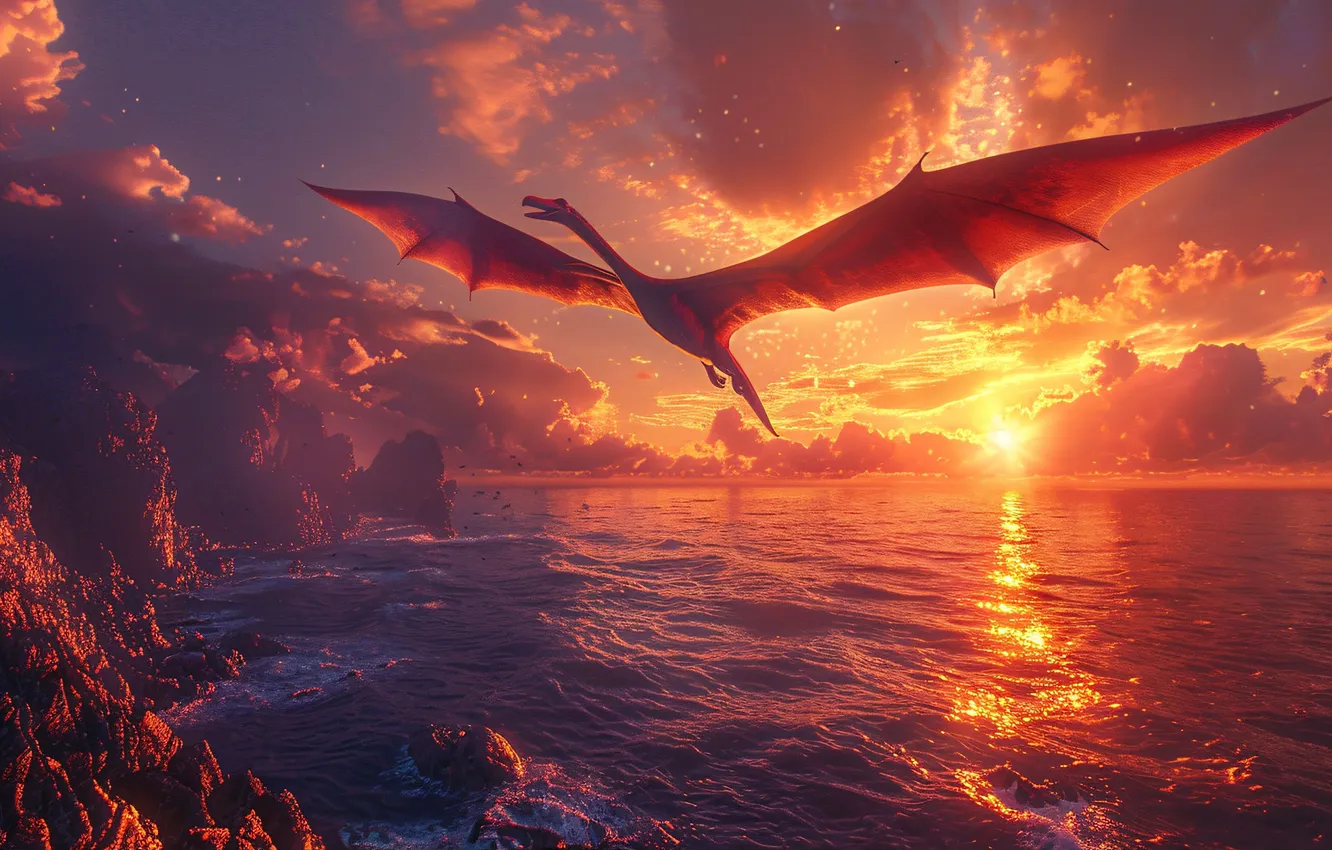 Photo wallpaper sea, the sun, clouds, flight, animal, dawn, wings, dinosaur