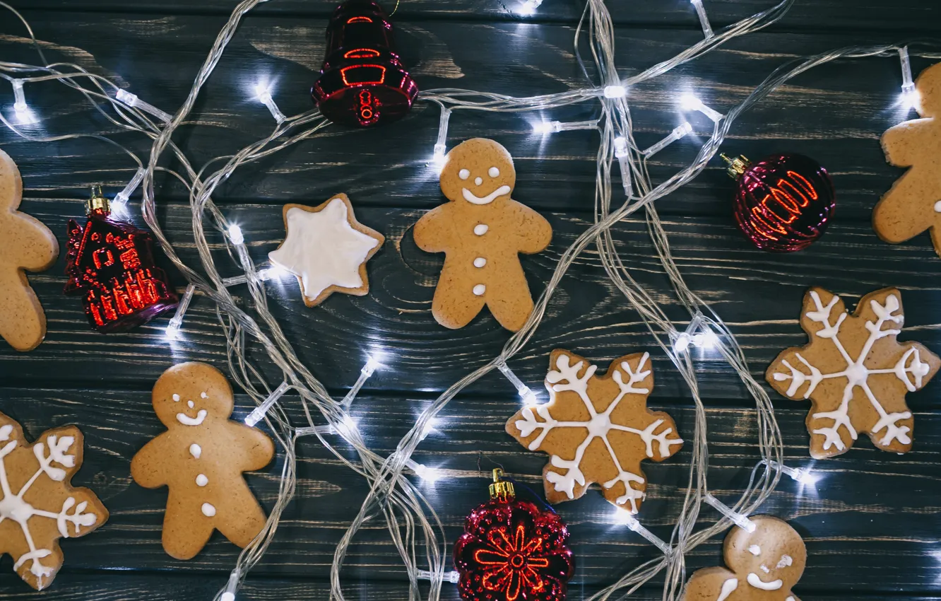 Photo wallpaper decoration, new year, cookies, Christmas, garland, Christmas, New Year, cookies