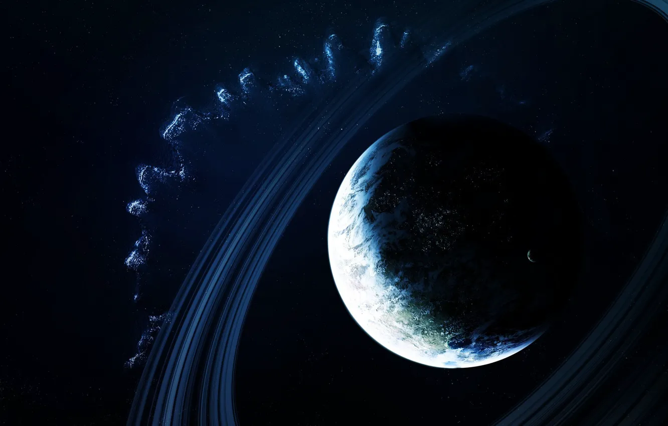 Photo wallpaper wave, space, fiction, planet, satellite, ring, art, space