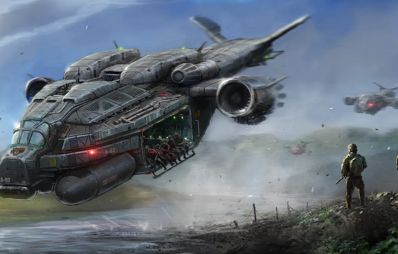 Photo wallpaper army, soldiers, helicopter