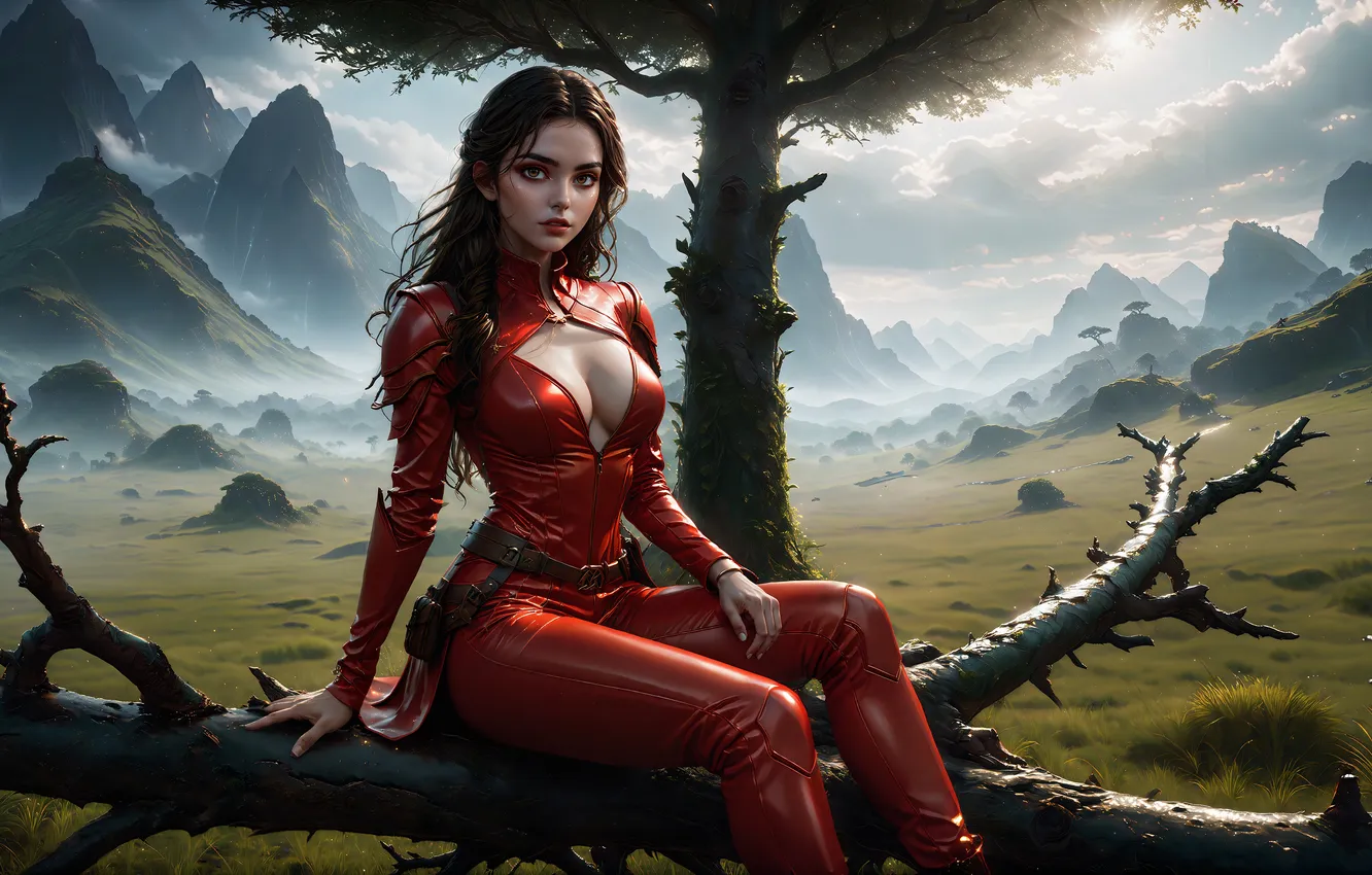 Photo wallpaper girl, brunette, logs, AI Art