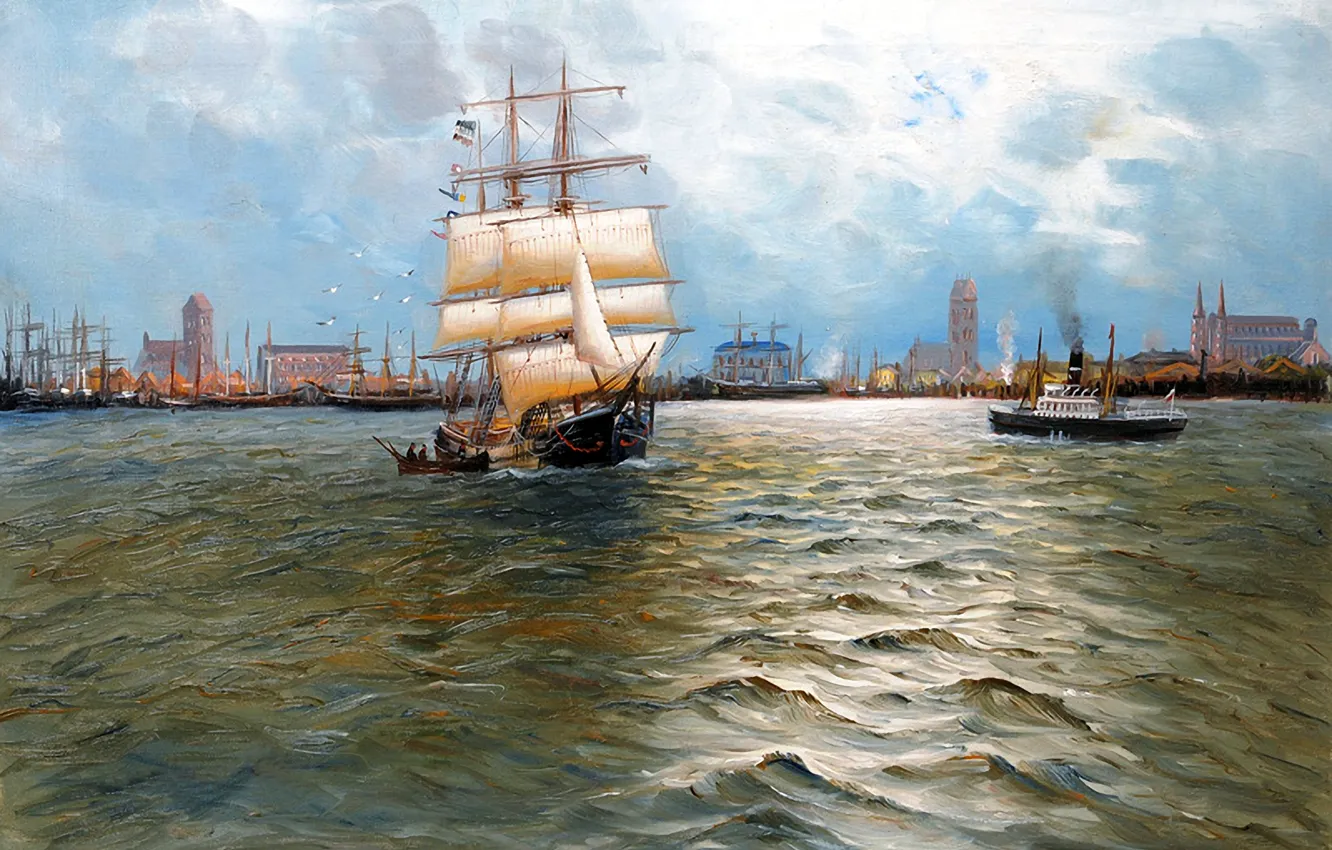 Photo wallpaper sea, the sky, landscape, the city, ship, sailboat, picture, port
