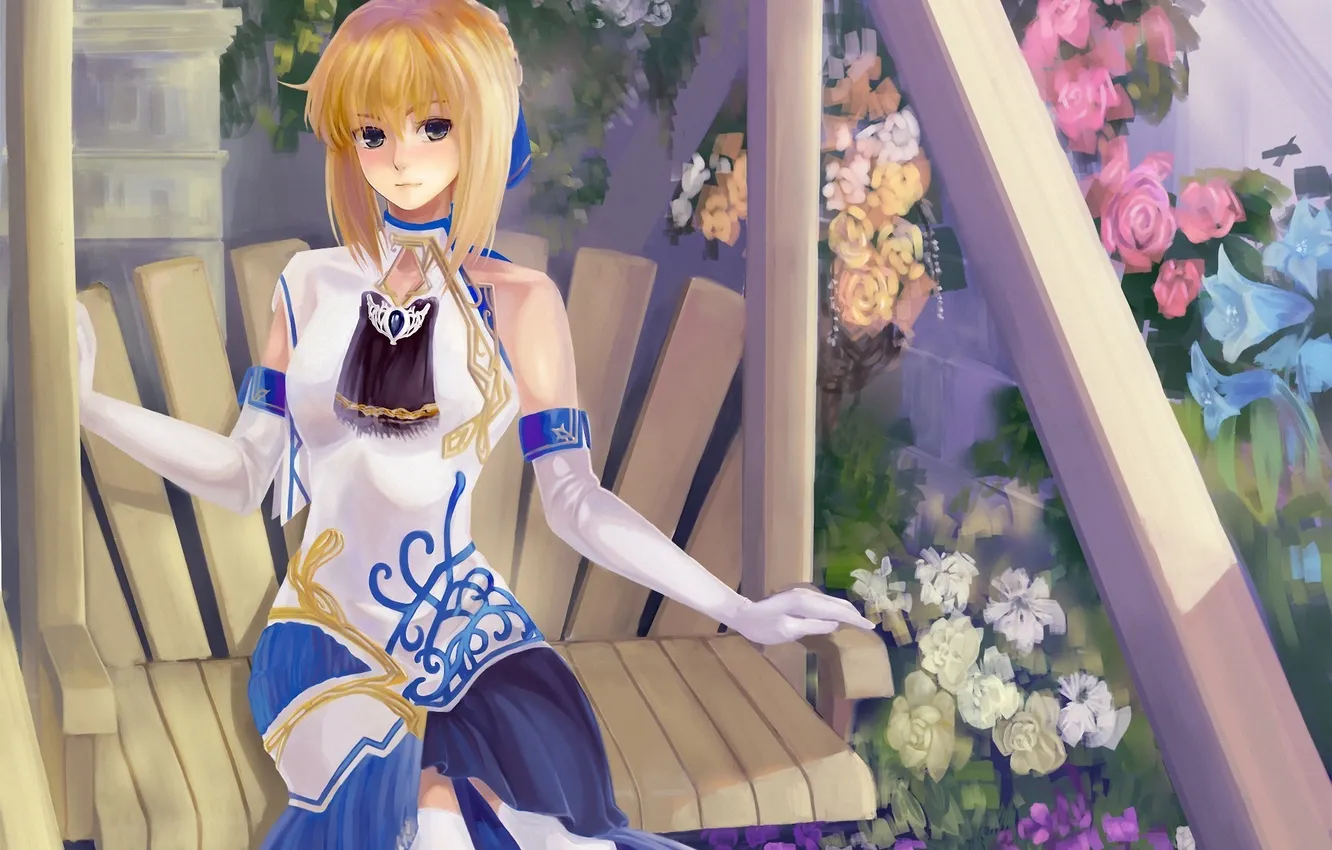 Photo wallpaper girl, flowers, swing, art, Fate/Stay Night, saber, kenbuo
