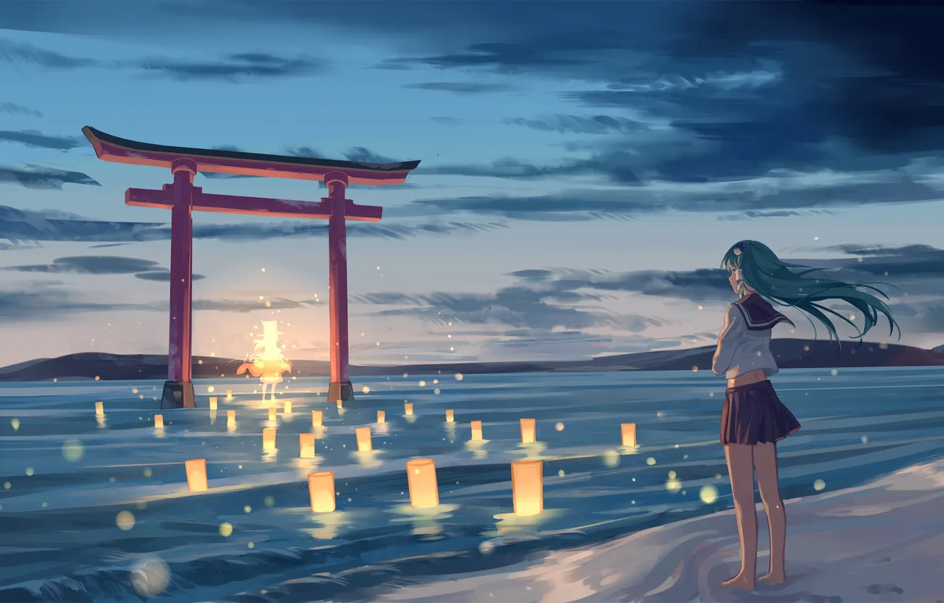 Photo wallpaper the sky, girl, clouds, the evening, anime, art, lanterns, touhou