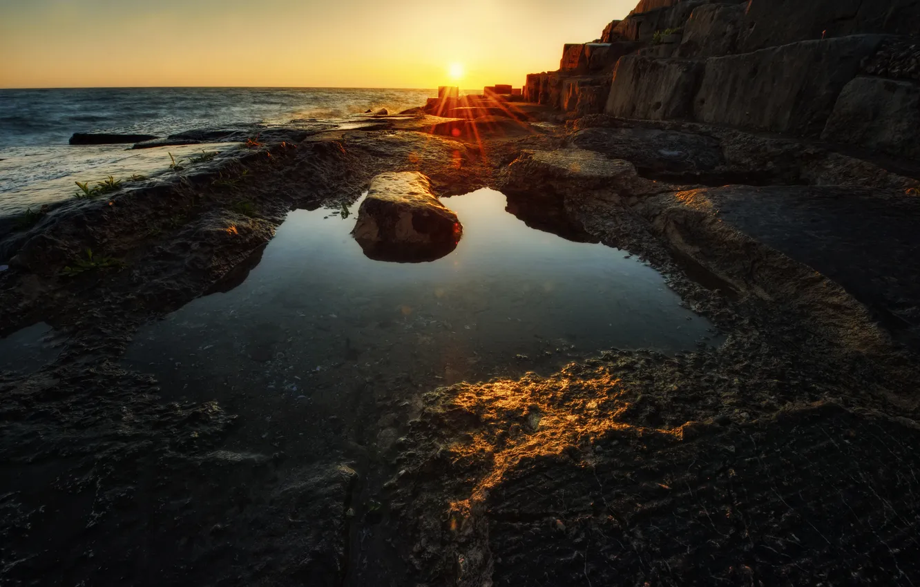 Photo wallpaper beach, the sun, stones, morning, Chicago, Chicago, water, lakes