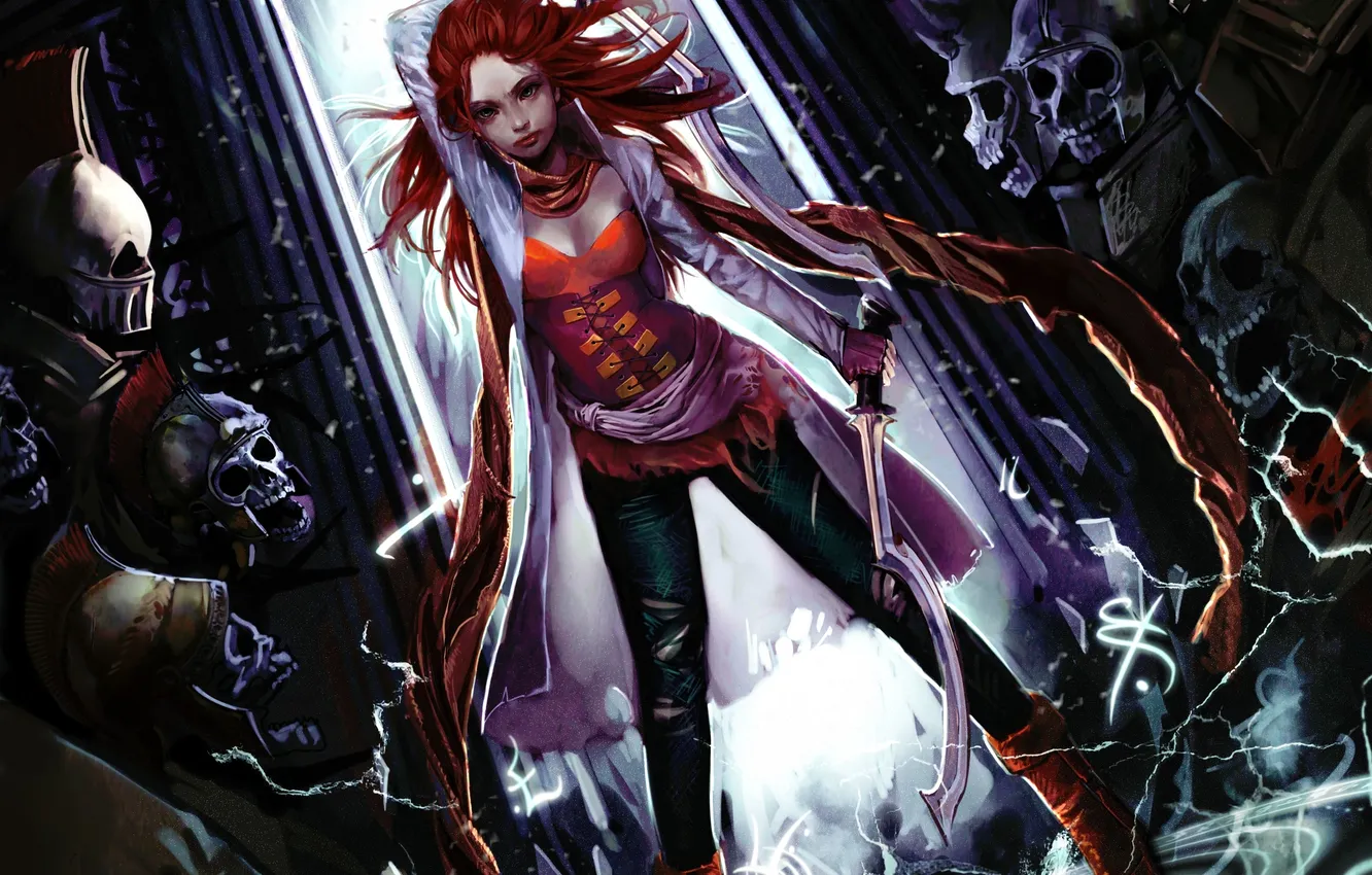 Photo wallpaper girl, weapons, magic, skull, sword, skeleton, helmet, corset