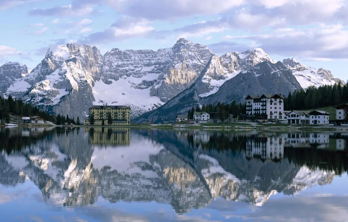 Photo wallpaper mountains, the city, reflection, home, town, snow. lake