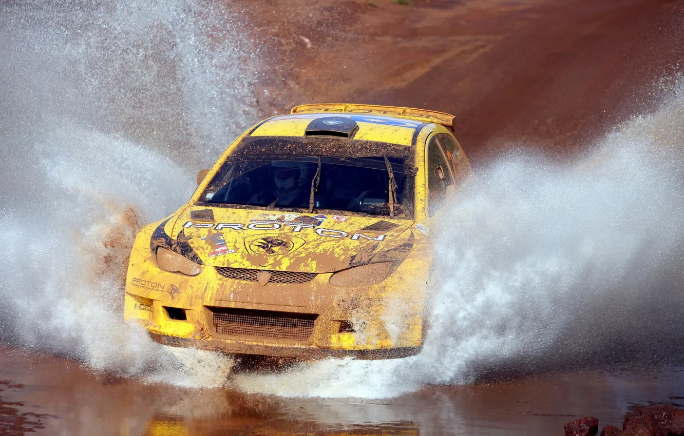 Photo wallpaper Water, Auto, Yellow, Race, Dirt, Squirt, Rally, Proton