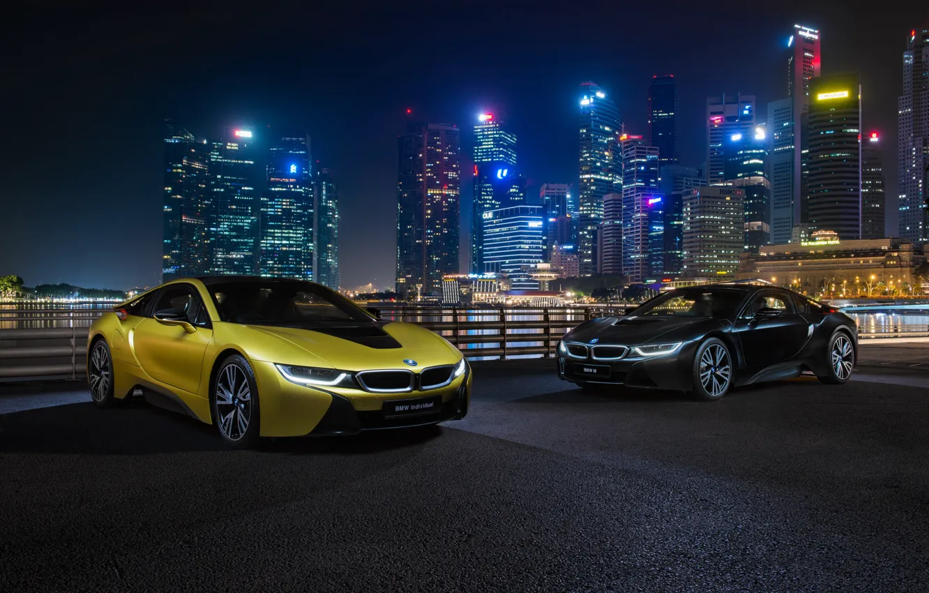 Photo wallpaper night city, BMW i8, Frozen Yellow Edition