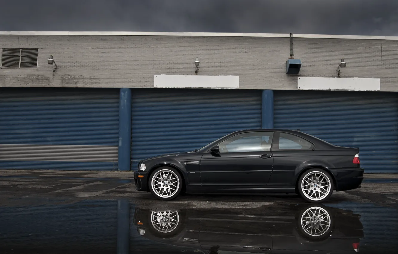 Photo wallpaper reflection, black, the building, bmw, BMW, puddle, lights, profile