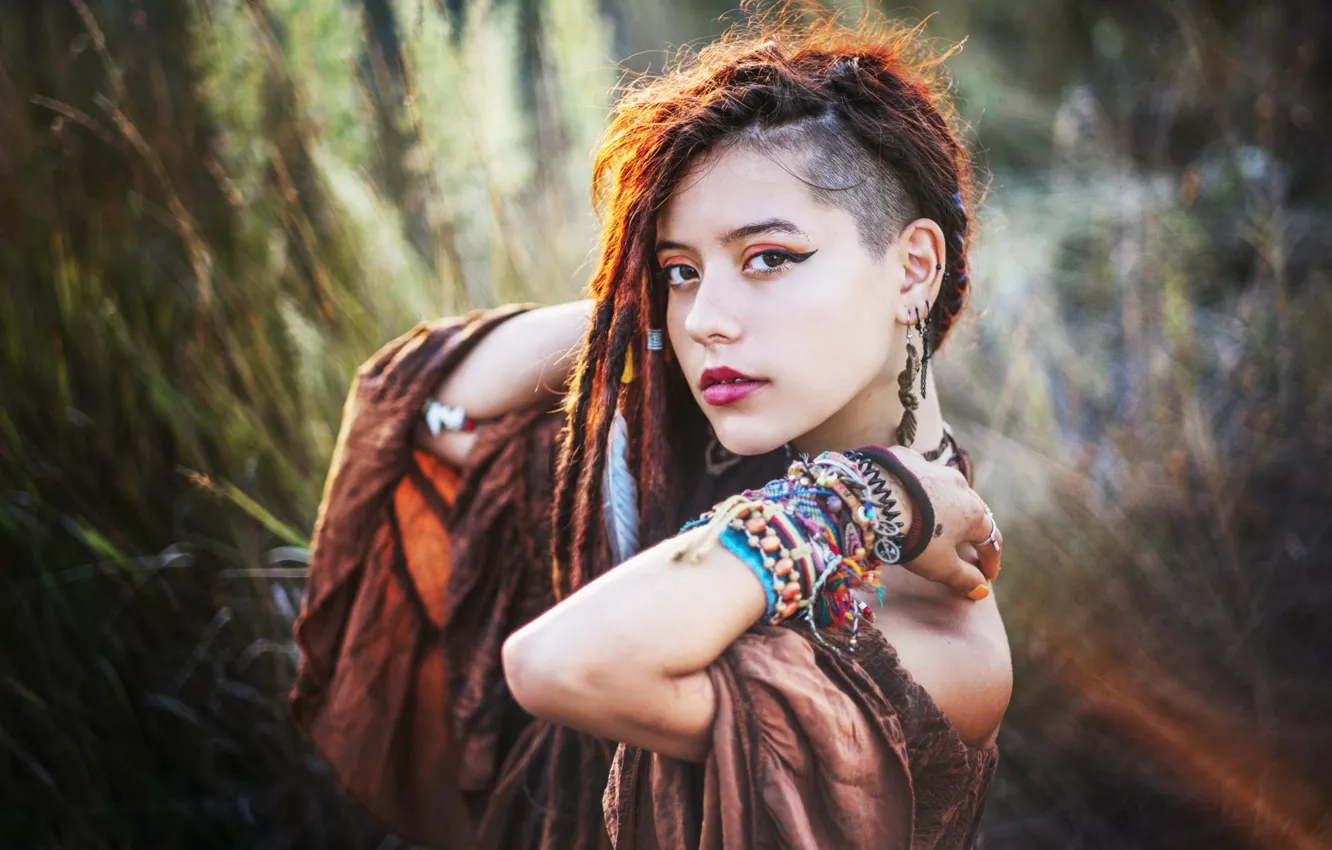 Photo wallpaper grass, look, girl, nature, face, pose, portrait, hands
