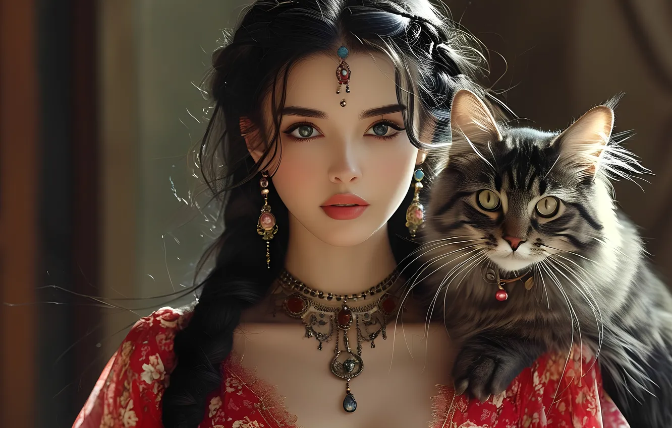 Photo wallpaper girl, necklace, earrings, cat, Chinese, Asian