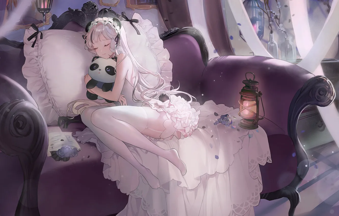 Photo wallpaper girl, toy, lights, Panda, sleeping, white dress
