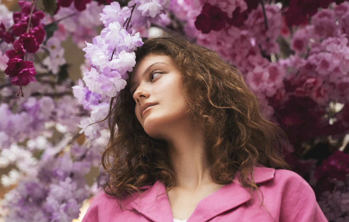 Photo wallpaper look, girl, flowers, branches, nature, pose, mood, portrait