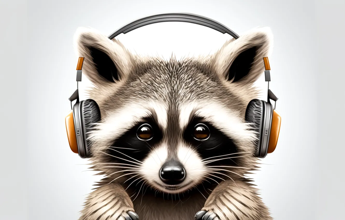 Photo wallpaper look, music, graphics, portrait, legs, headphones, raccoon, white background