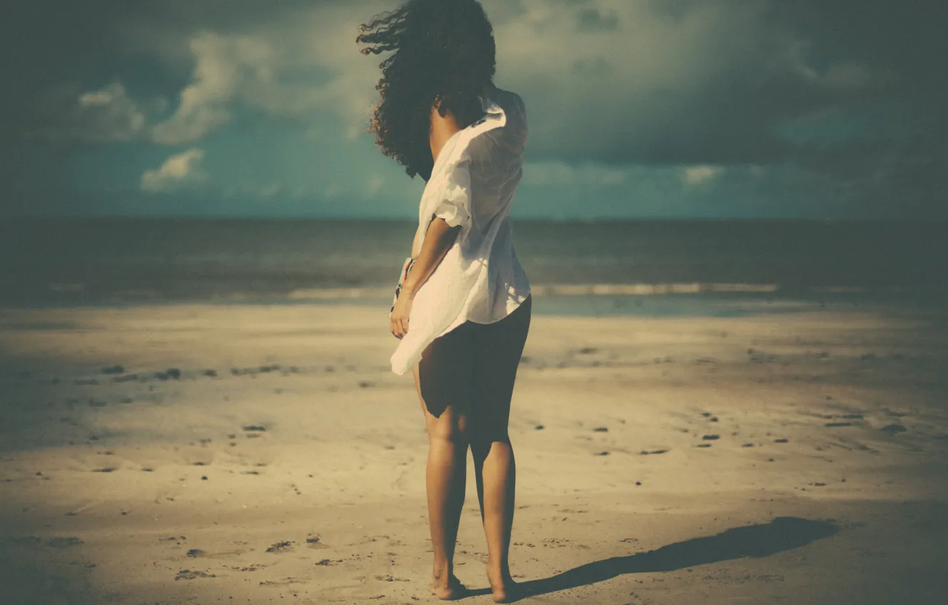 Photo wallpaper girl, beach, wind, shadow