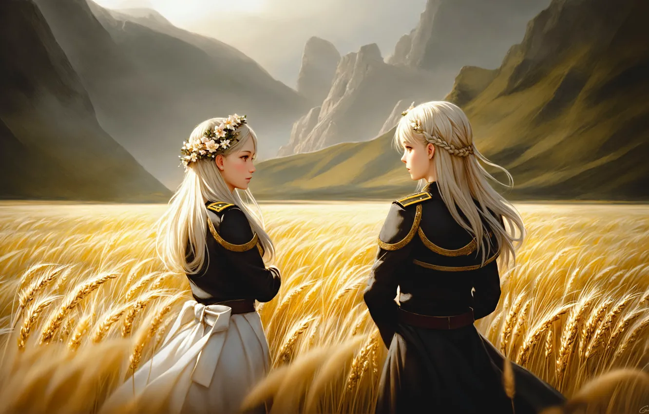 Wallpaper field, girls, art, couple images for desktop, section арт ...