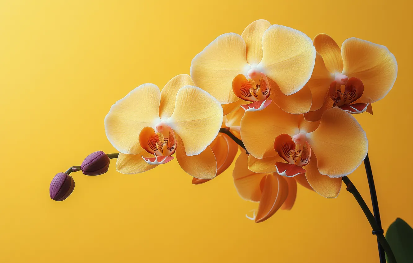 Photo wallpaper flowers, branch, yellow, orchids, buds, yellow background, Orchid, AI art