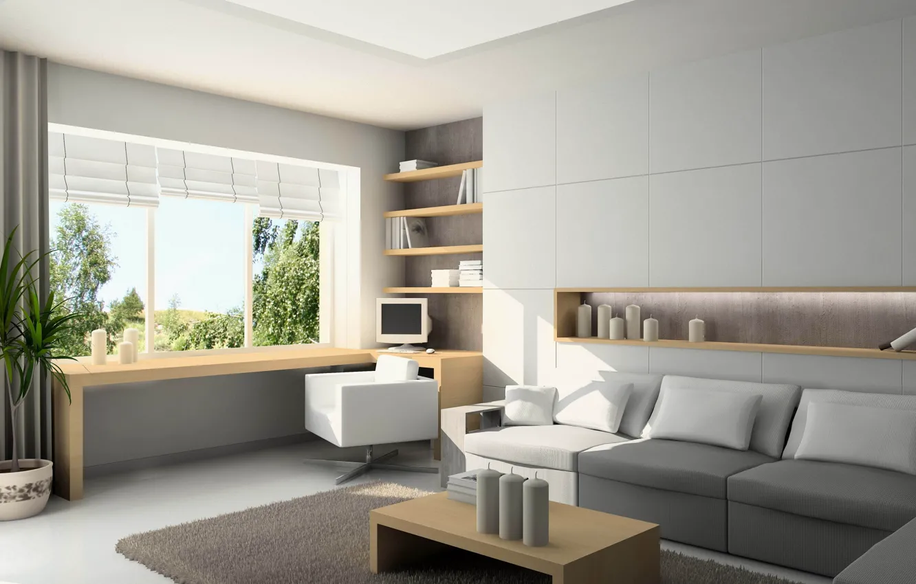 Photo wallpaper window, room, interior, home, sofa