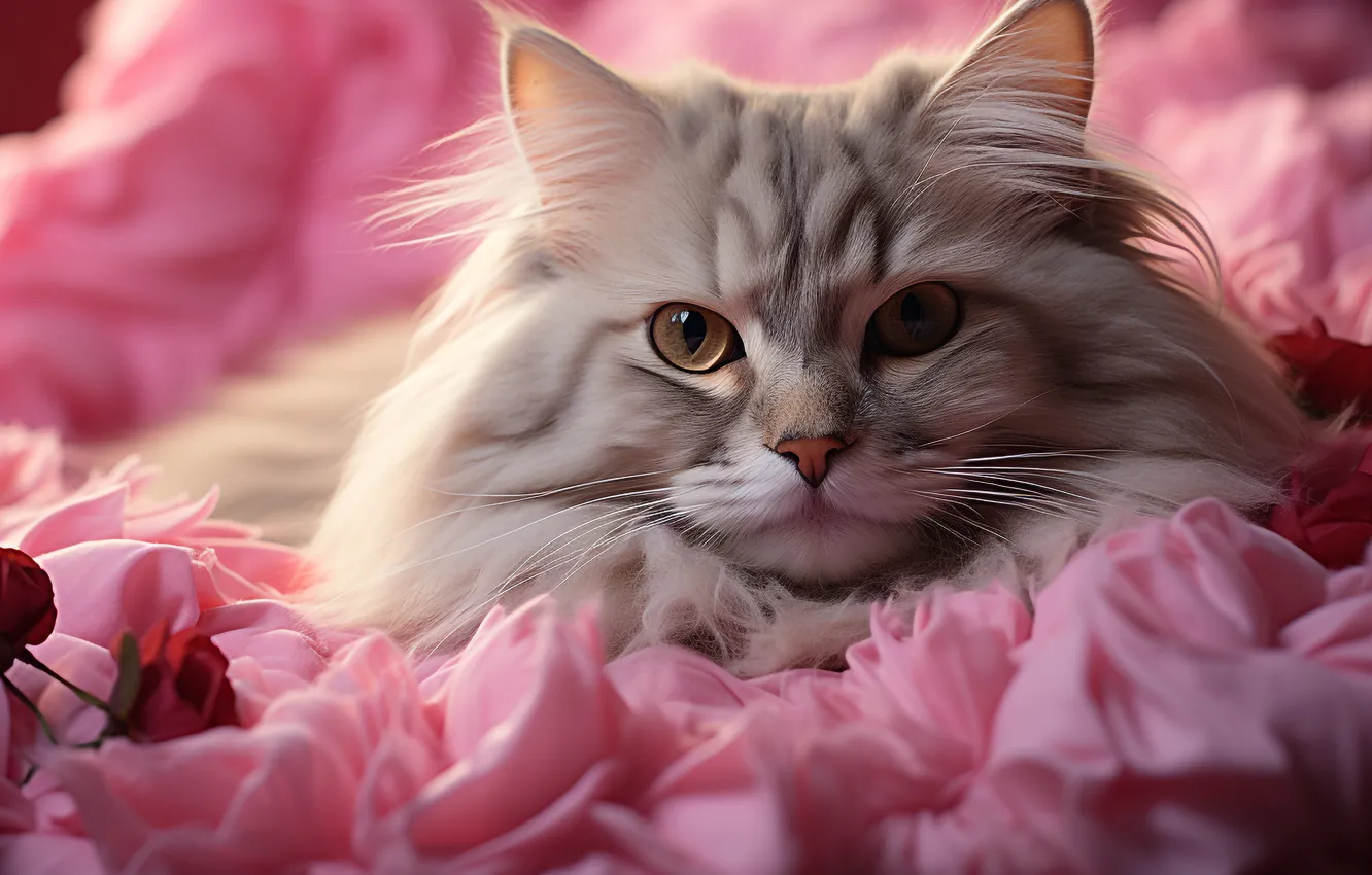 Photo wallpaper cat, cat, look, flowers, pose, grey, portrait, roses