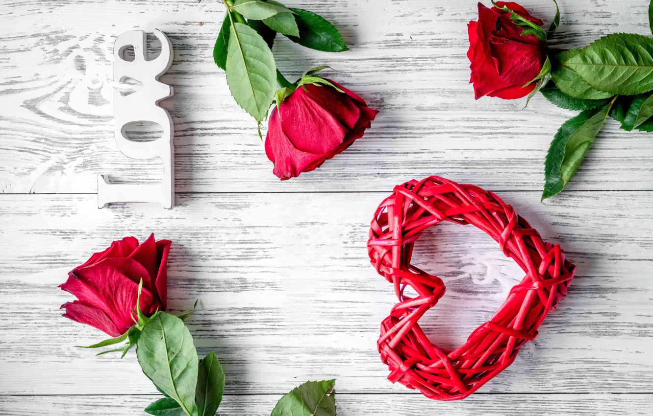 Photo wallpaper love, flowers, heart, roses, bouquet, red, red, love