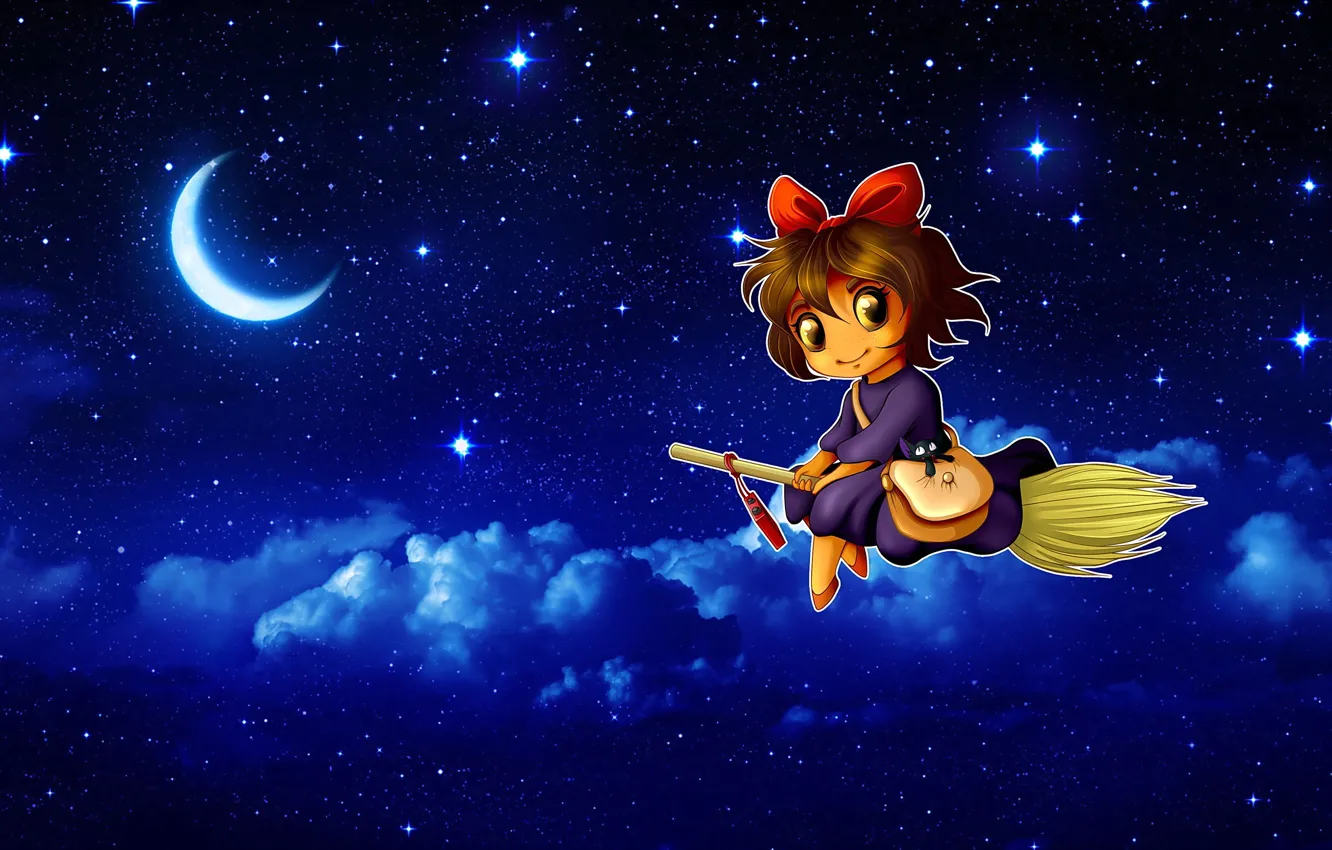 Photo wallpaper clouds, flight, night, smile, positive, a month, bow, little witch