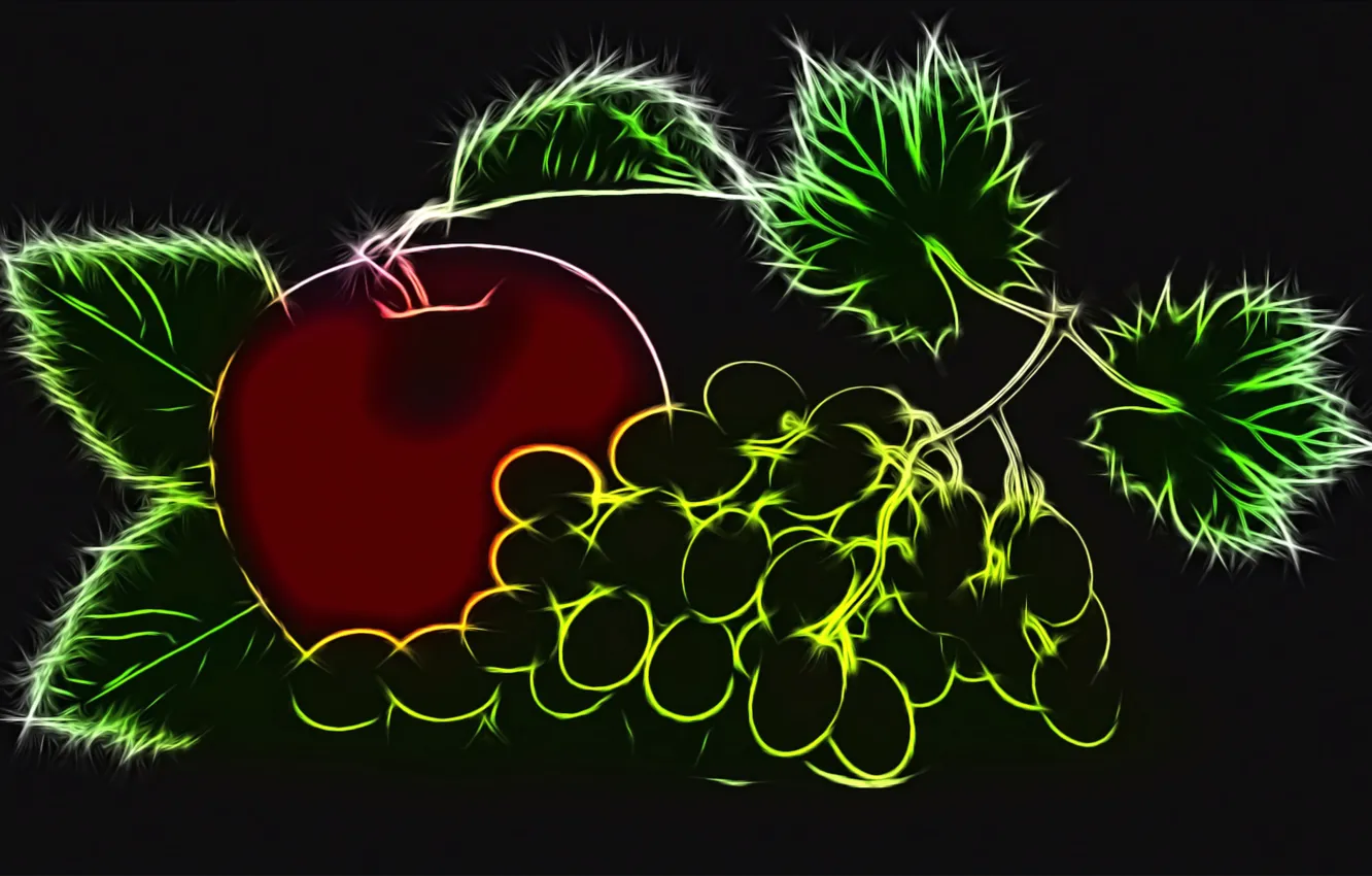 Photo wallpaper rendering, Apple, grapes, black background, contour plot, neon glow