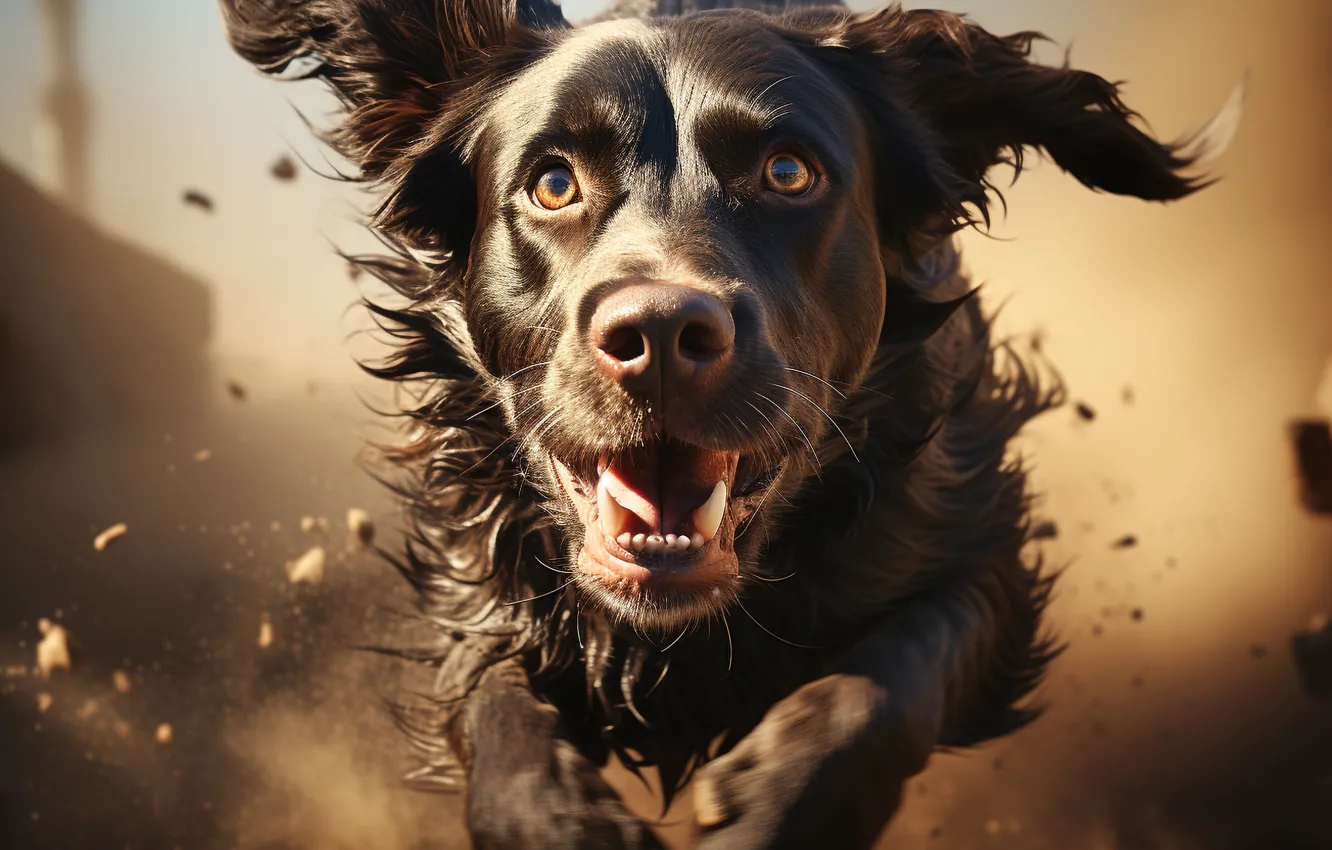 Photo wallpaper look, face, dog, running, Labrador, front, digital art, AI art