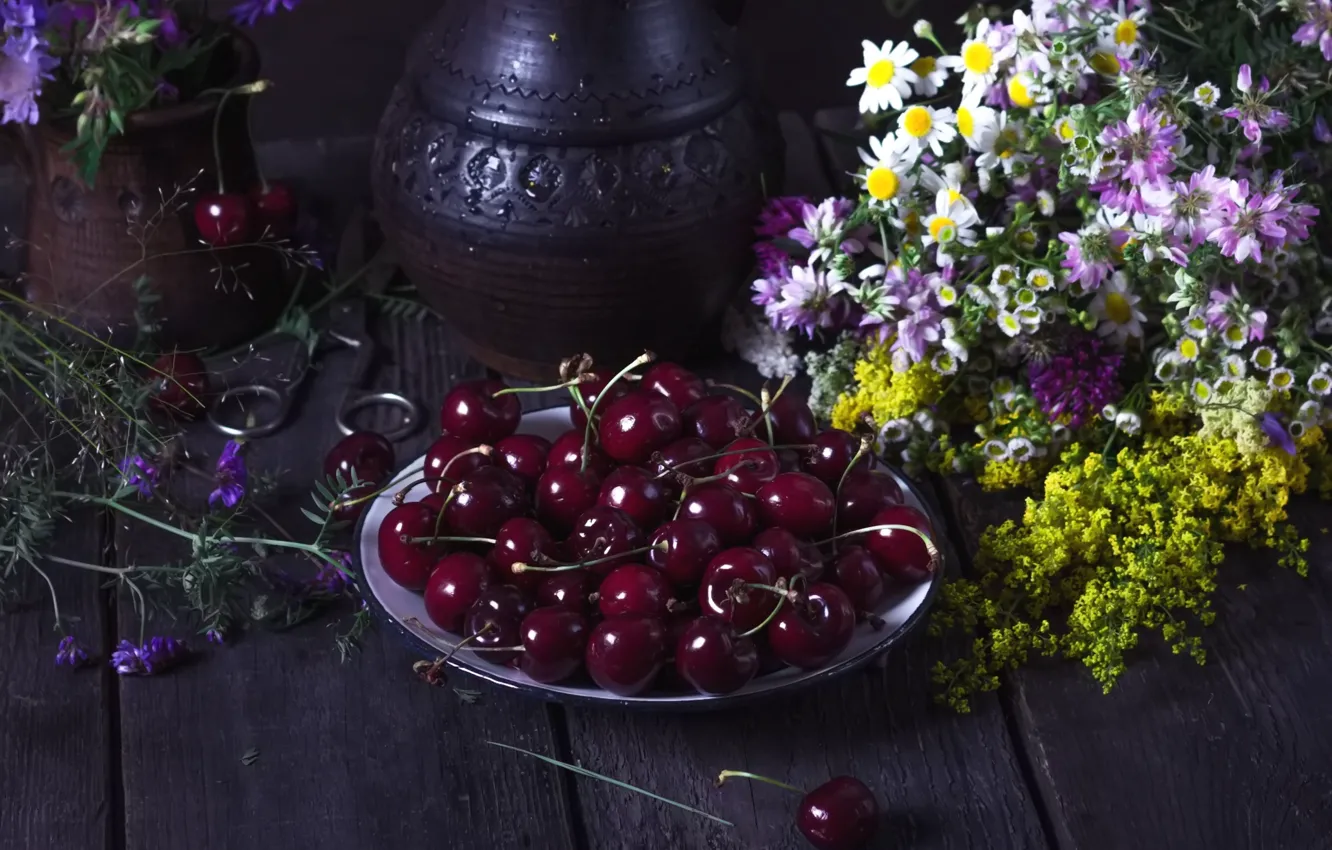 Photo wallpaper summer, flowers, berries, wood, cherry