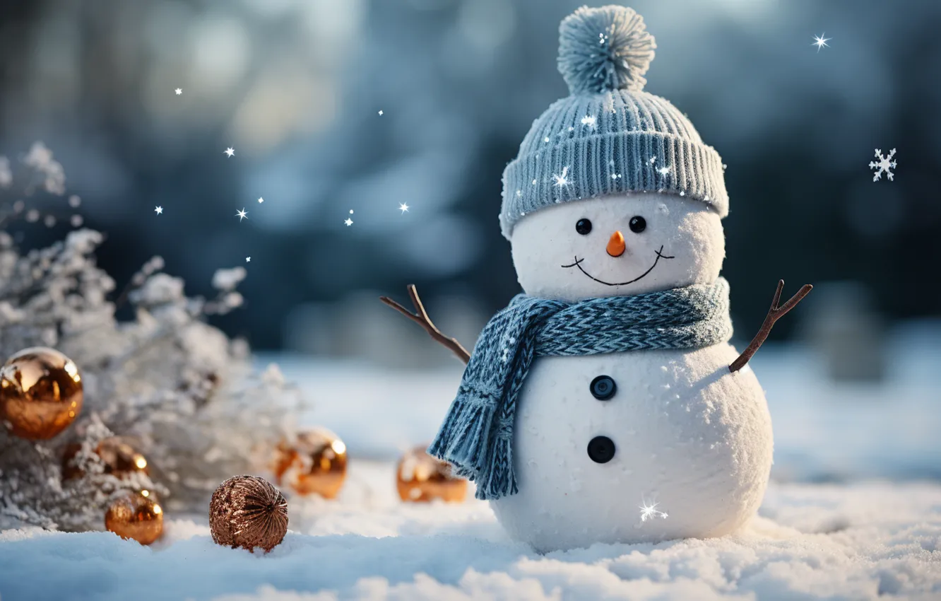 Photo wallpaper winter, snow, new year, Christmas, snowman, Christmas, night, winter