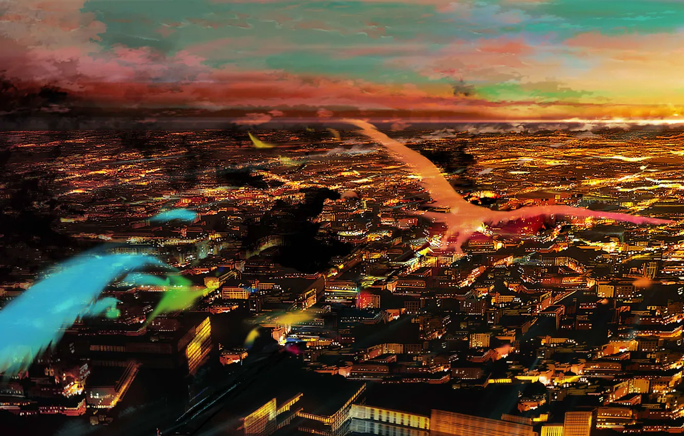 Photo wallpaper the sky, clouds, flight, sunset, the city, lights, bird, home