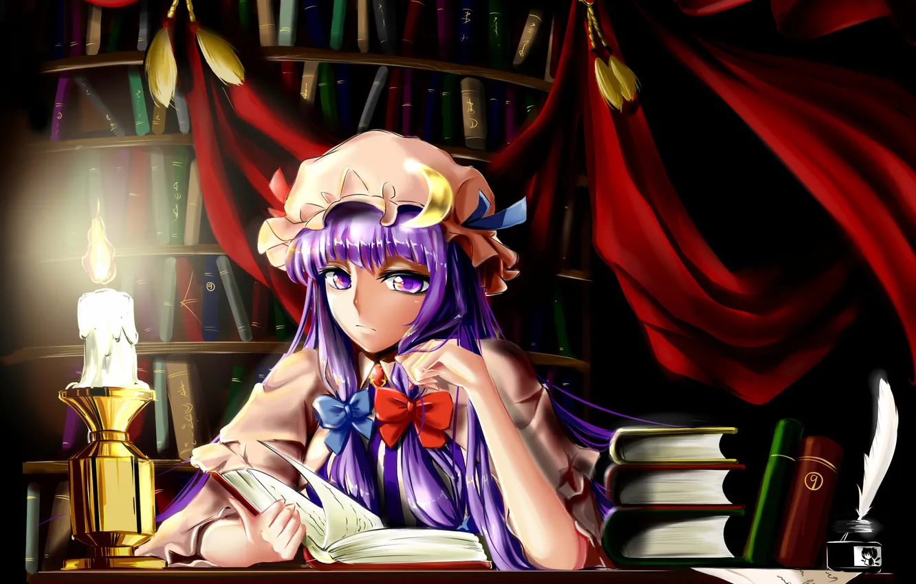 Photo wallpaper look, girl, books, candle, surprise, library, touhou, art