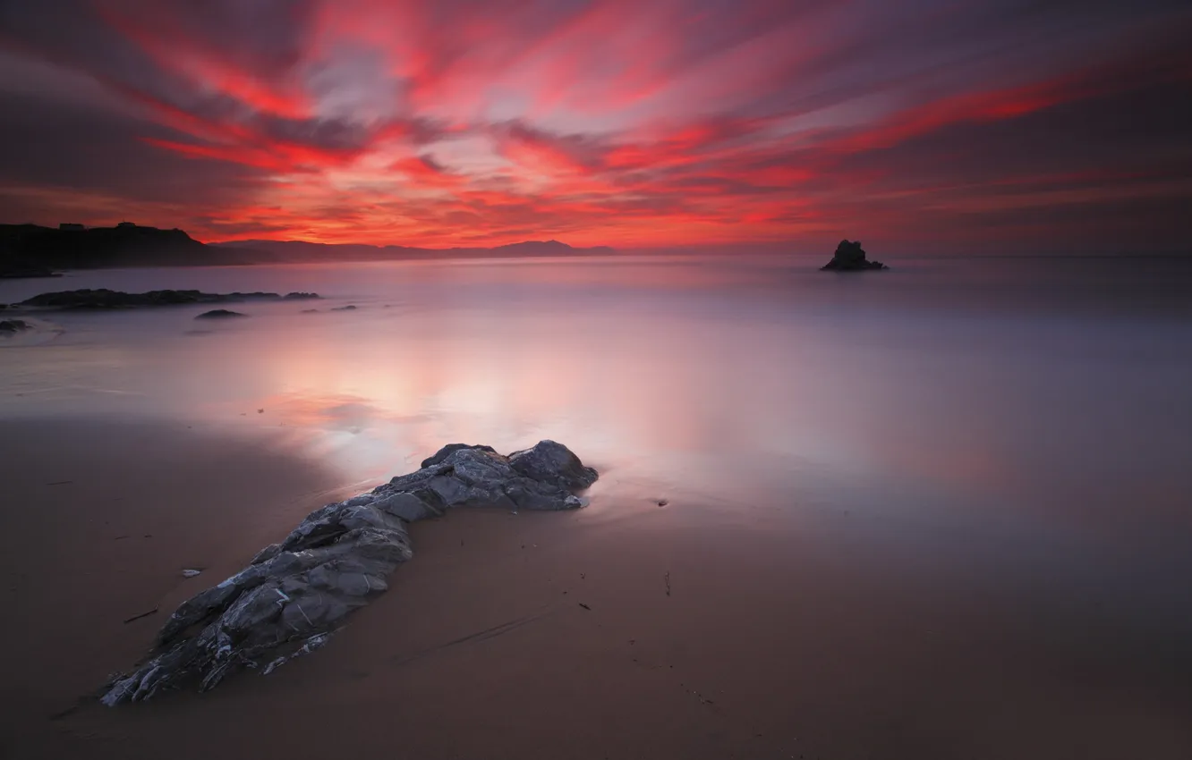Photo wallpaper sea, beach, the sky, sunset, stones, bloody