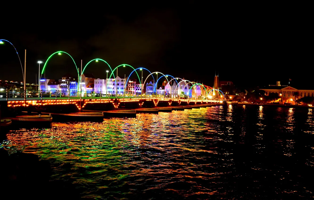 Photo wallpaper night, bridge, lights, river, Netherlands, Curacao, Willemstad