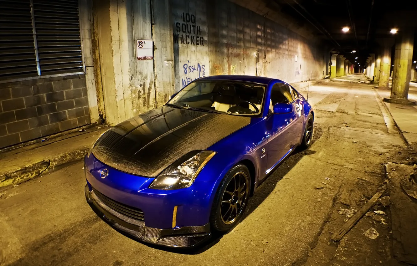 Photo wallpaper night, blue, Nissan, carbon, 350z, tunnel
