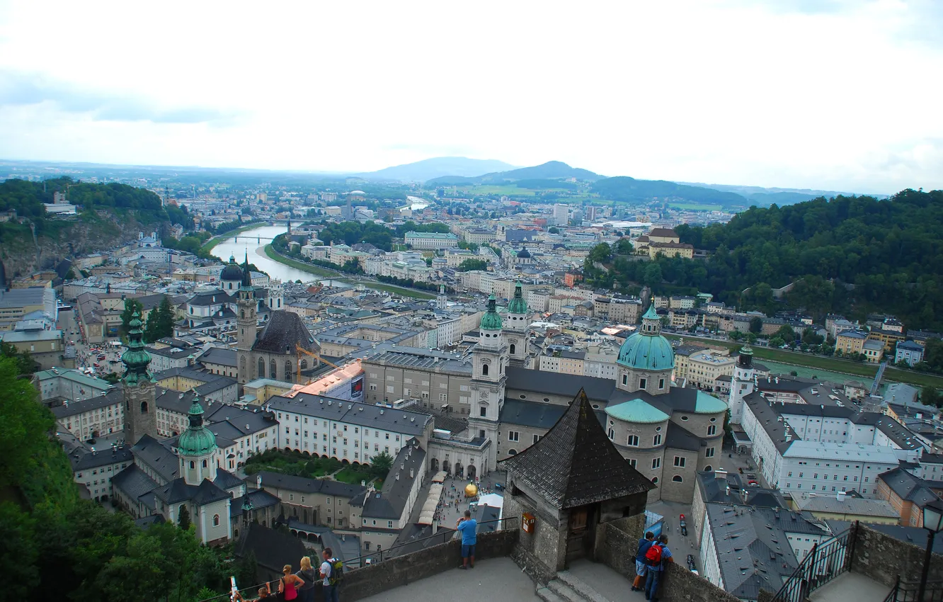 Photo wallpaper the sky, mountains, river, castle, home, Austria, Salzburg
