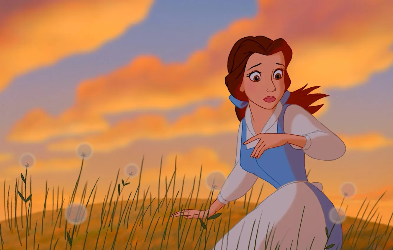 Photo wallpaper sky, field, dandelions, Beauty and the Beast, Belle