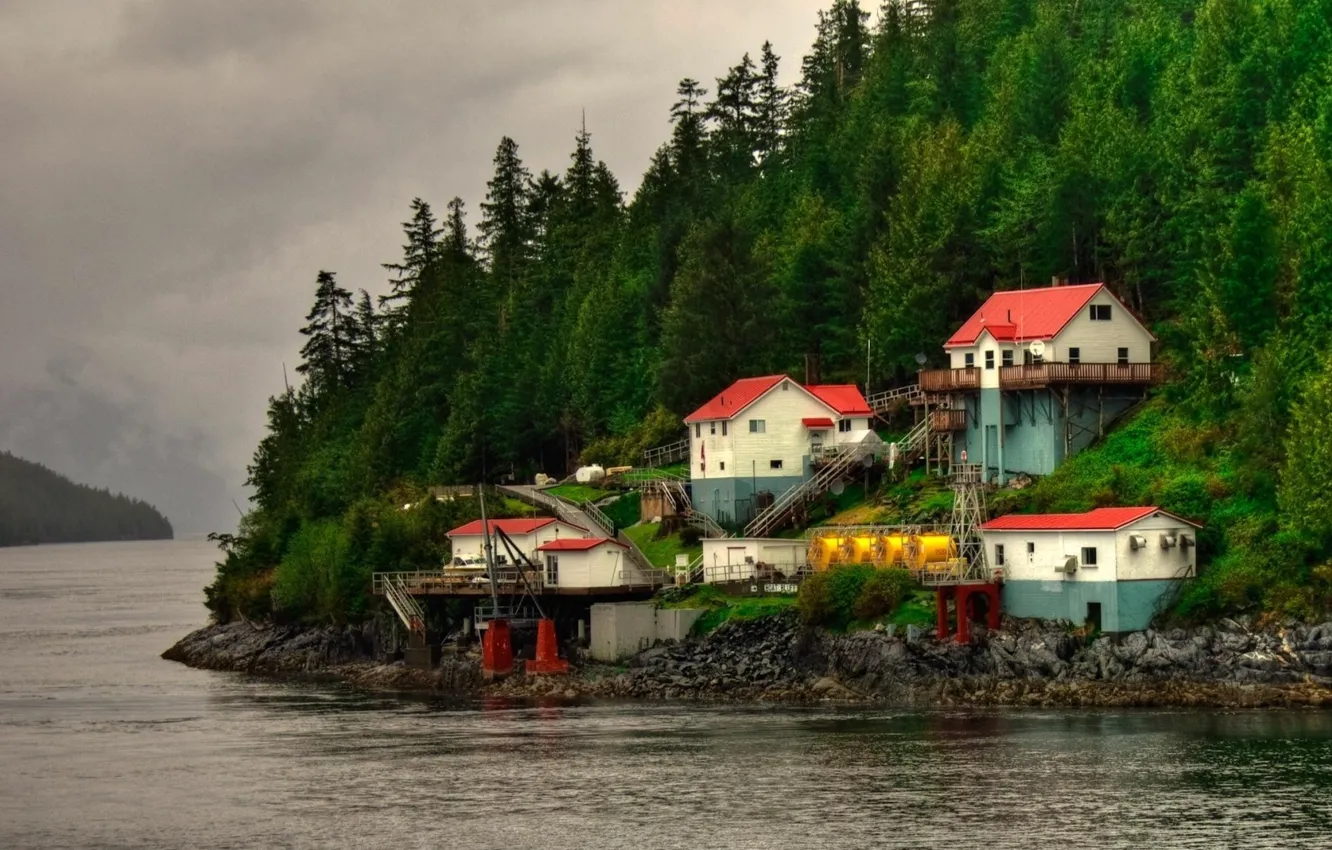 Photo wallpaper HDR, house, forest, Canada, British Columbia, sky, trees, landscape