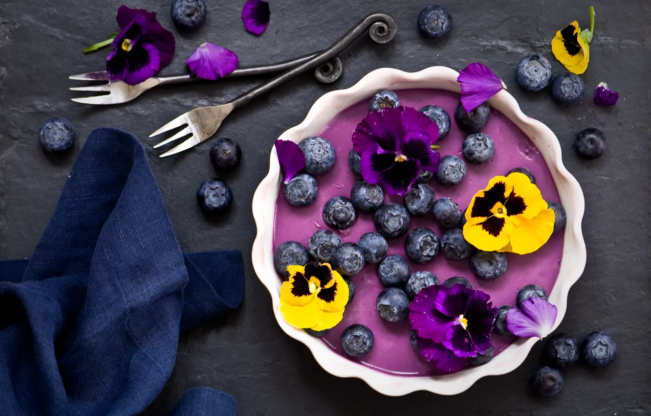 Photo wallpaper flowers, berries, blueberries, Pansy, dessert, napkin, fork, Panna cotta