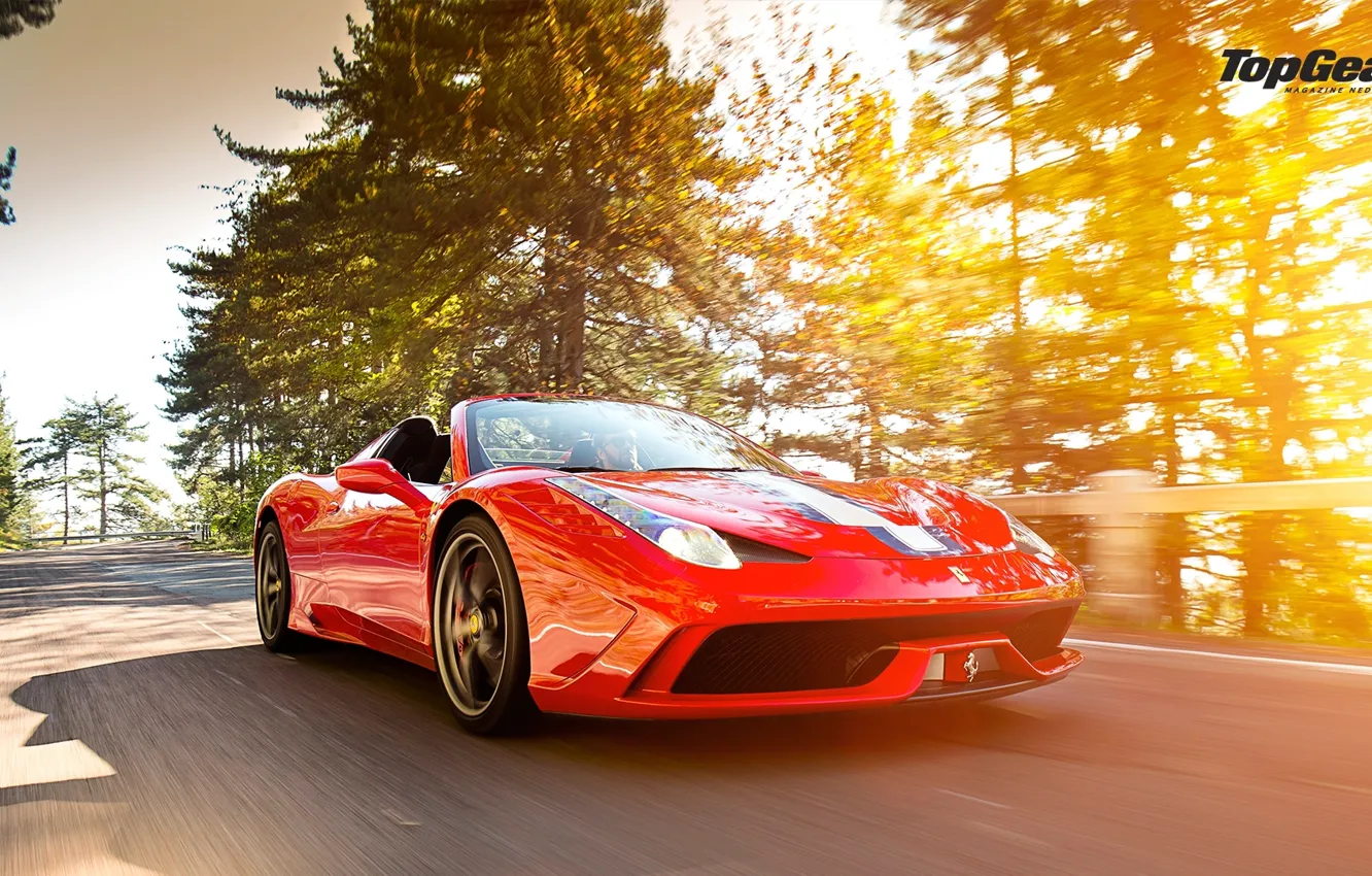 Photo wallpaper Top Gear, Ferrari, Red, 458, Front, Sun, Road, Supercar
