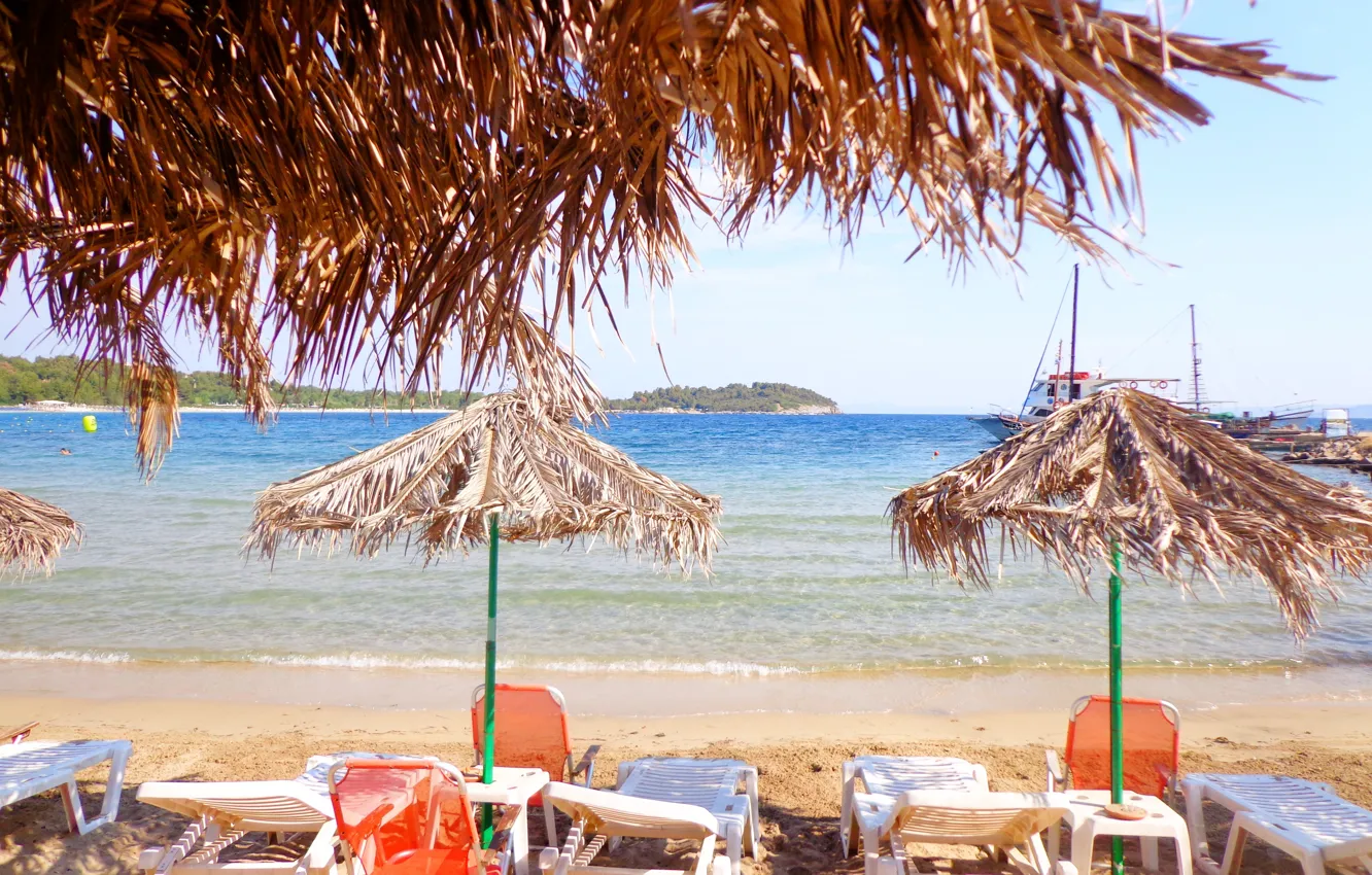 Photo wallpaper sea, beach, Greece, umbrellas, beach, sea, Cassandra, Greece