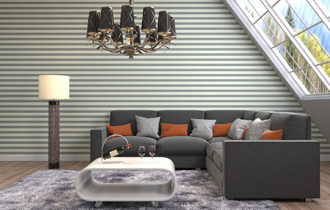 Photo wallpaper sofa, interior, chandelier, table, living room, modern, Nikita Kuzmenkov