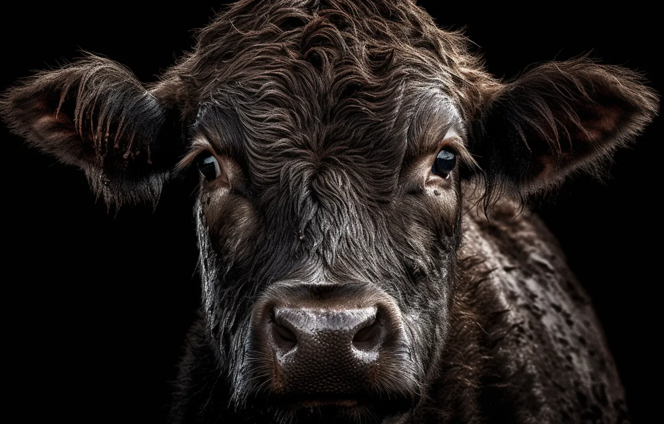 Photo wallpaper look, face, cows, black background, closeup, digital art, AI art, The Art of Artificial Intelligence