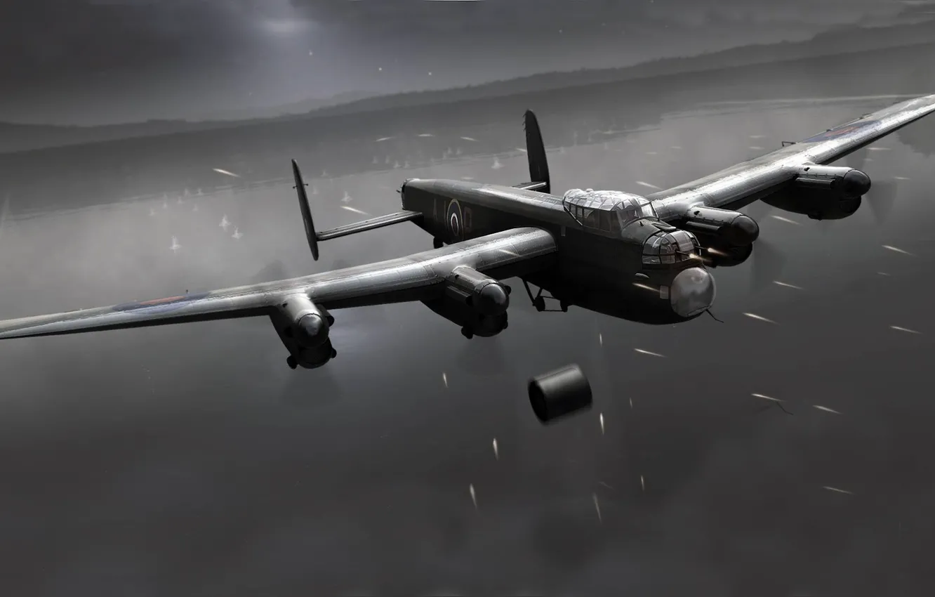 Photo wallpaper night, war, figure, dam, operation, Lancaster, bombardirovshik, Dam Busters