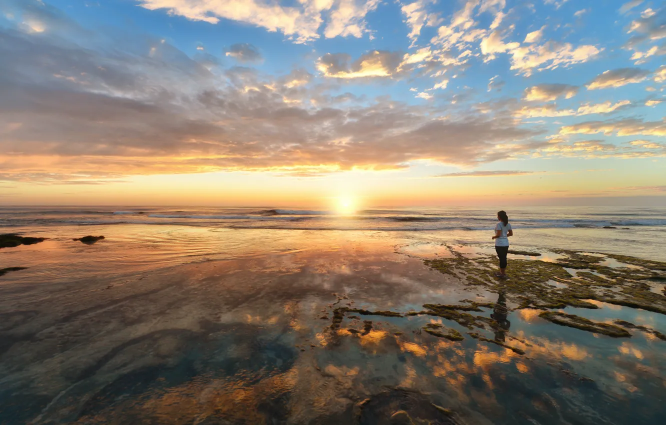 Photo wallpaper sea, wave, beach, the sky, girl, the sun, clouds, sunset