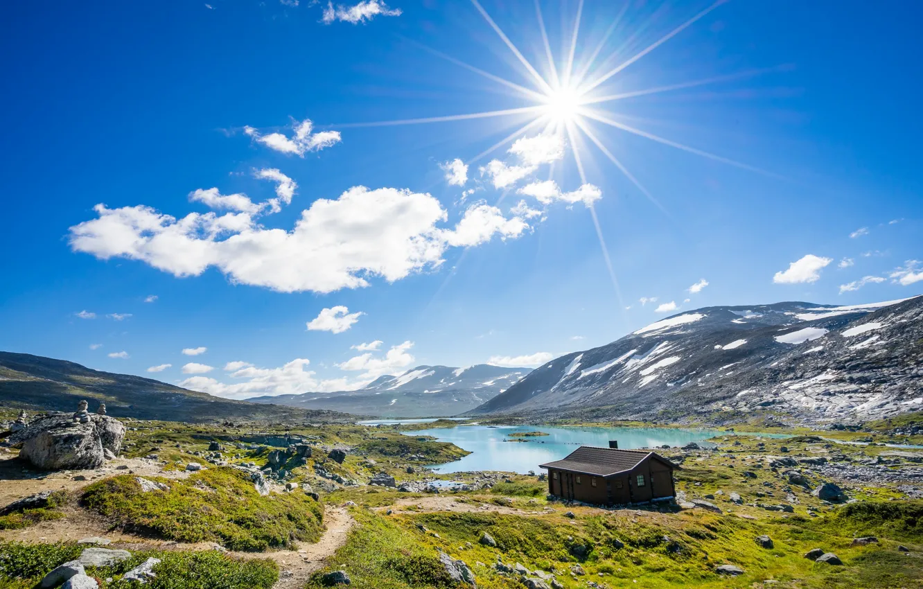 Photo wallpaper the sun, mountains, home, Norway